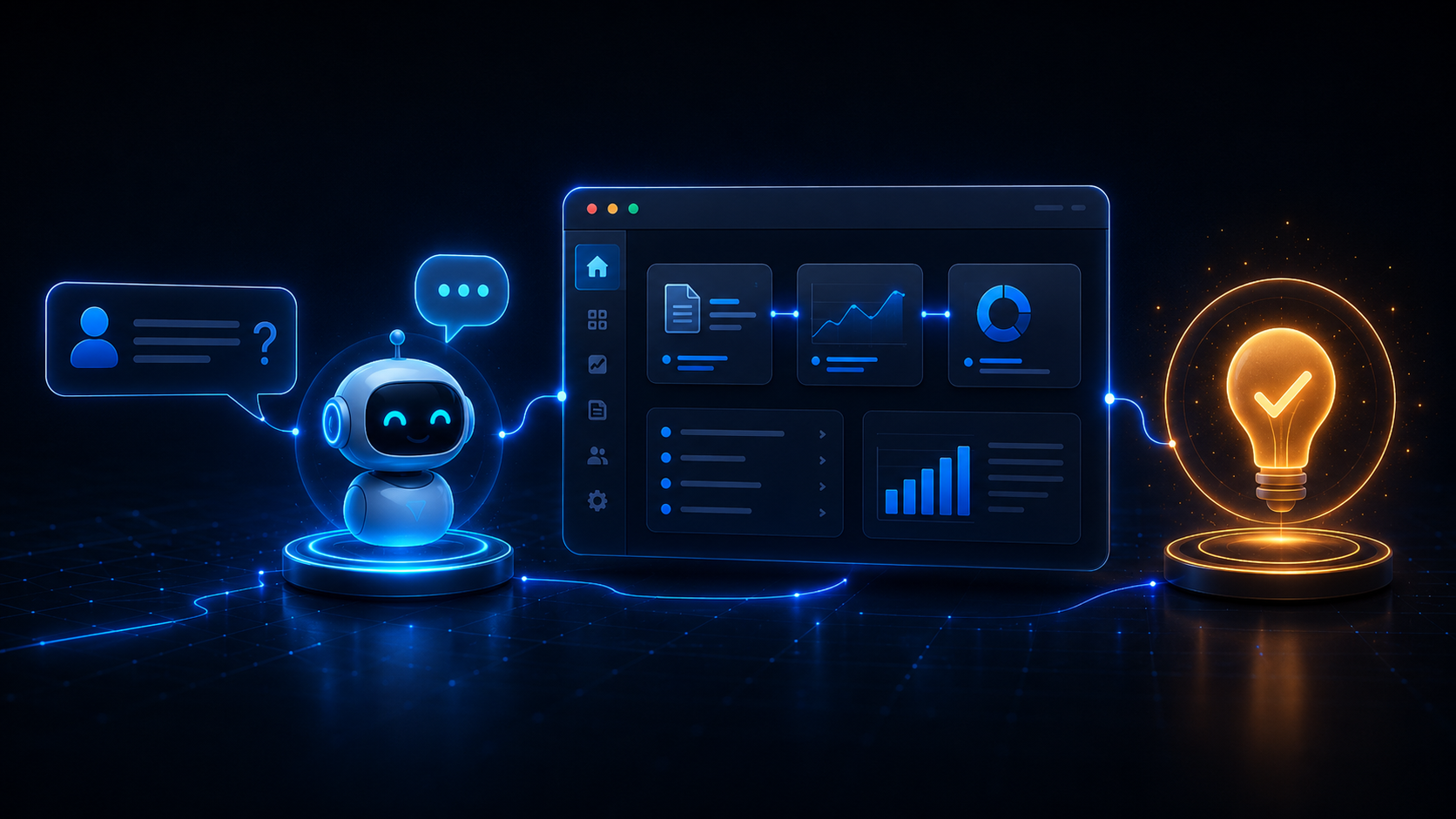 Ilustración de consulta con robot asistente, software e idea de solución