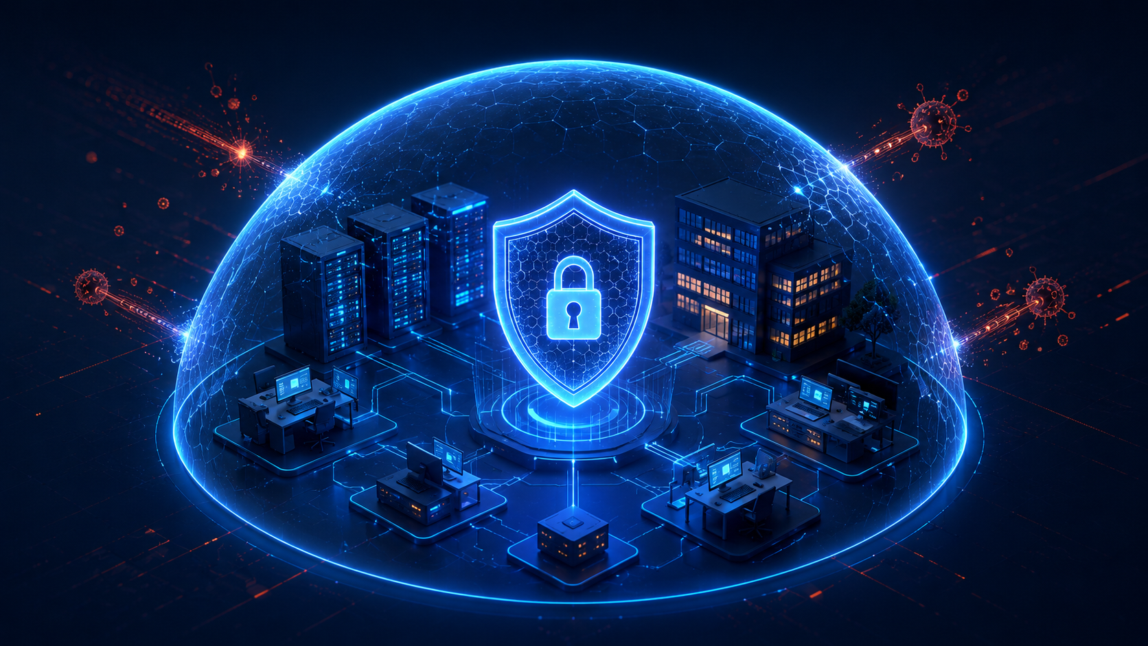 Escena de seguridad digital y protección de la red empresarial