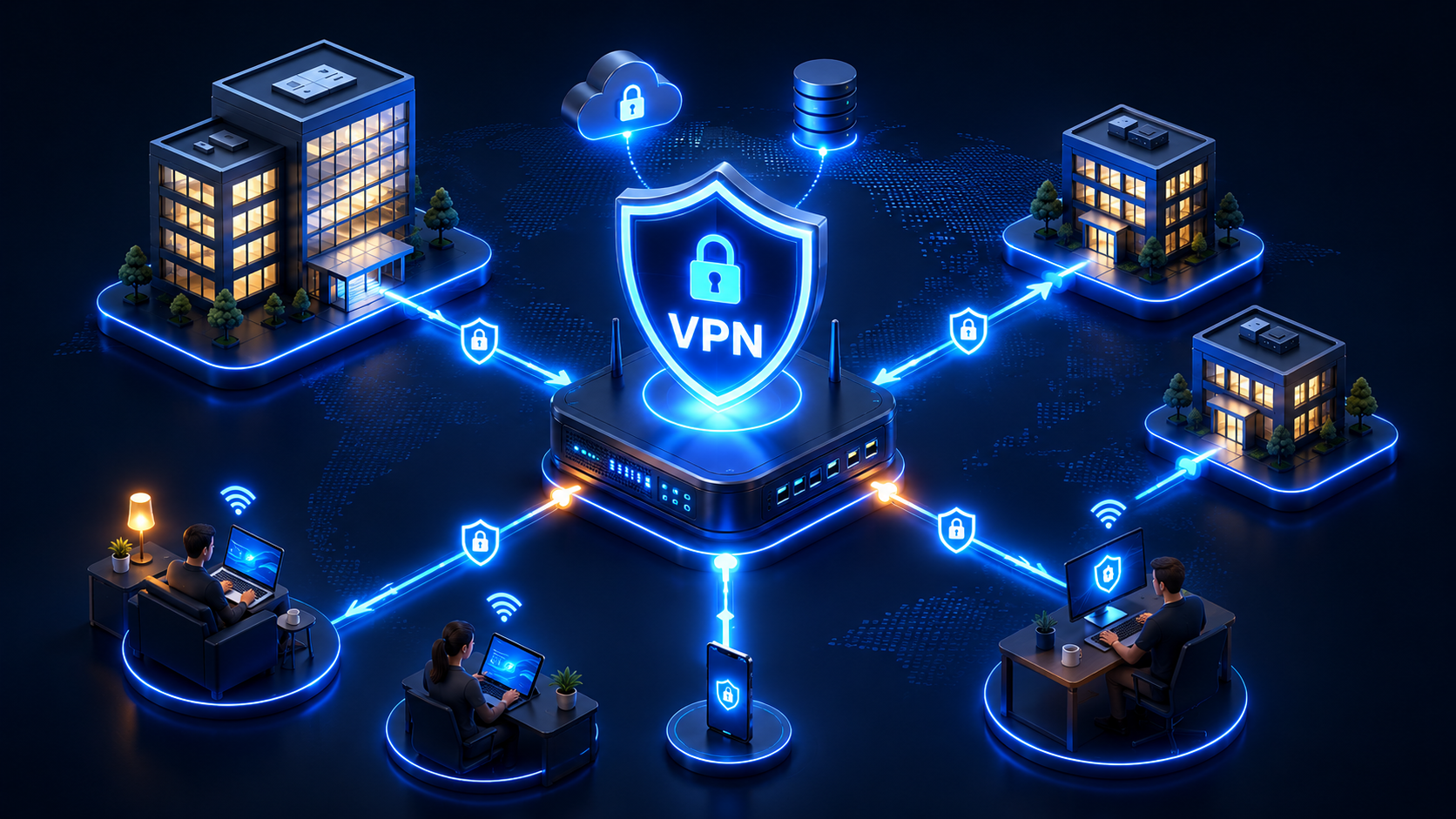 Ilustración de conexión VPN empresarial con oficinas, usuarios remotos y acceso seguro