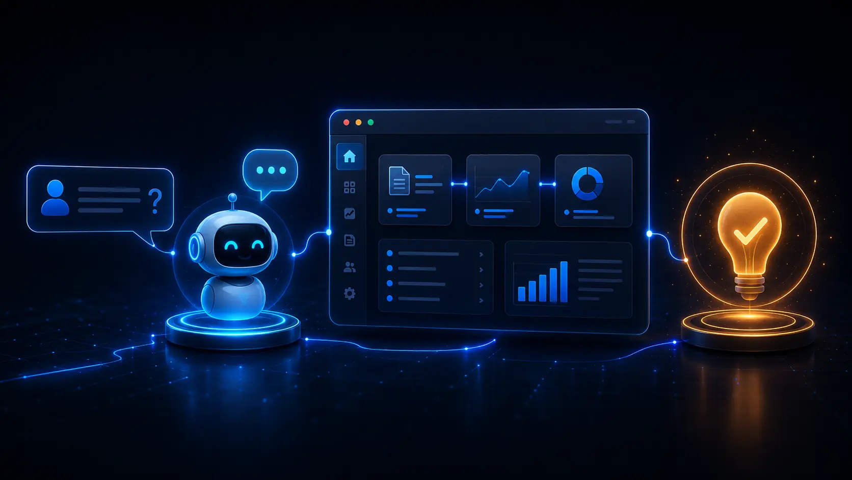 Ilustración de consulta con robot asistente, software e idea de solución