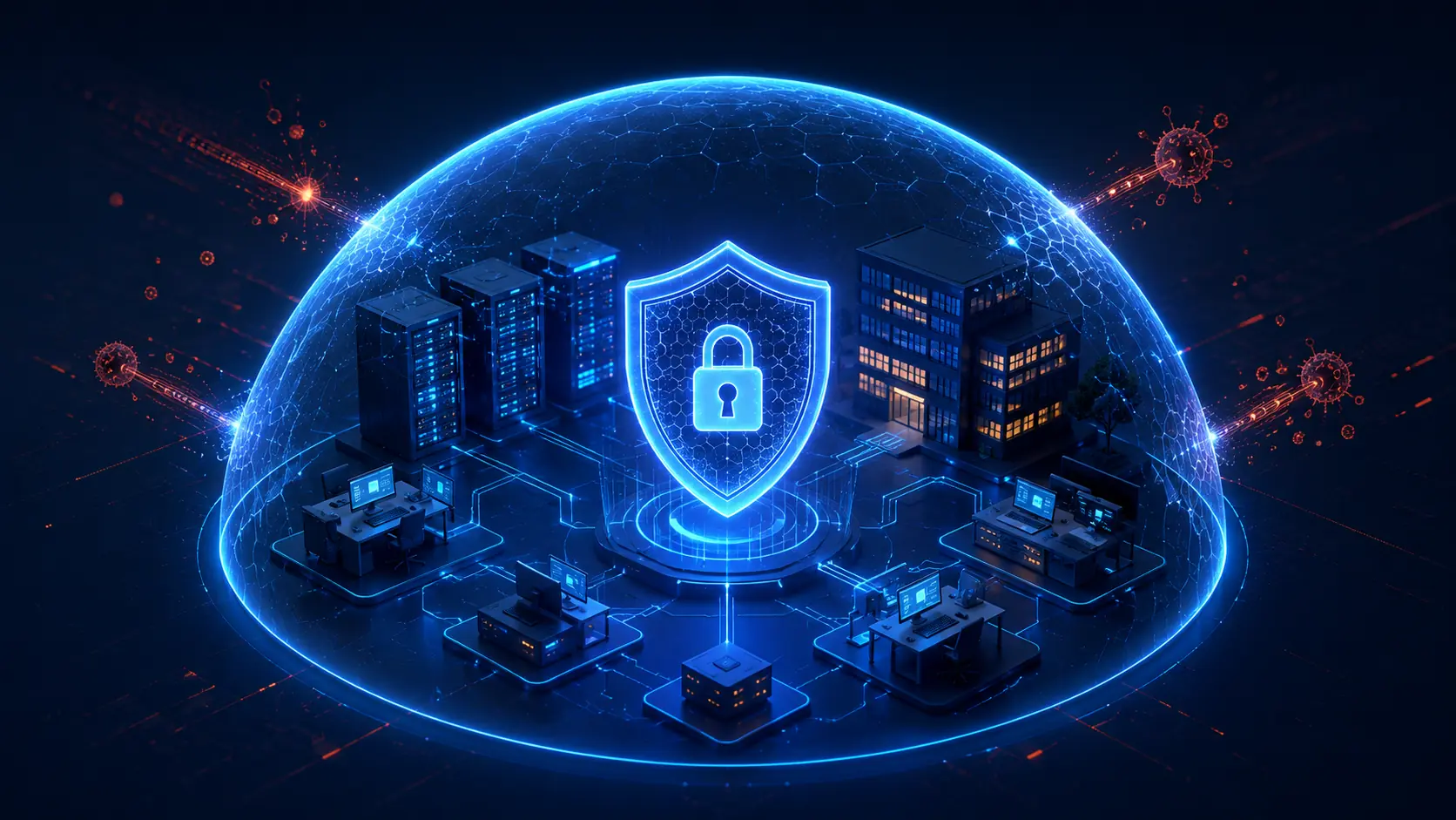 Escena de seguridad digital y protección de la red empresarial