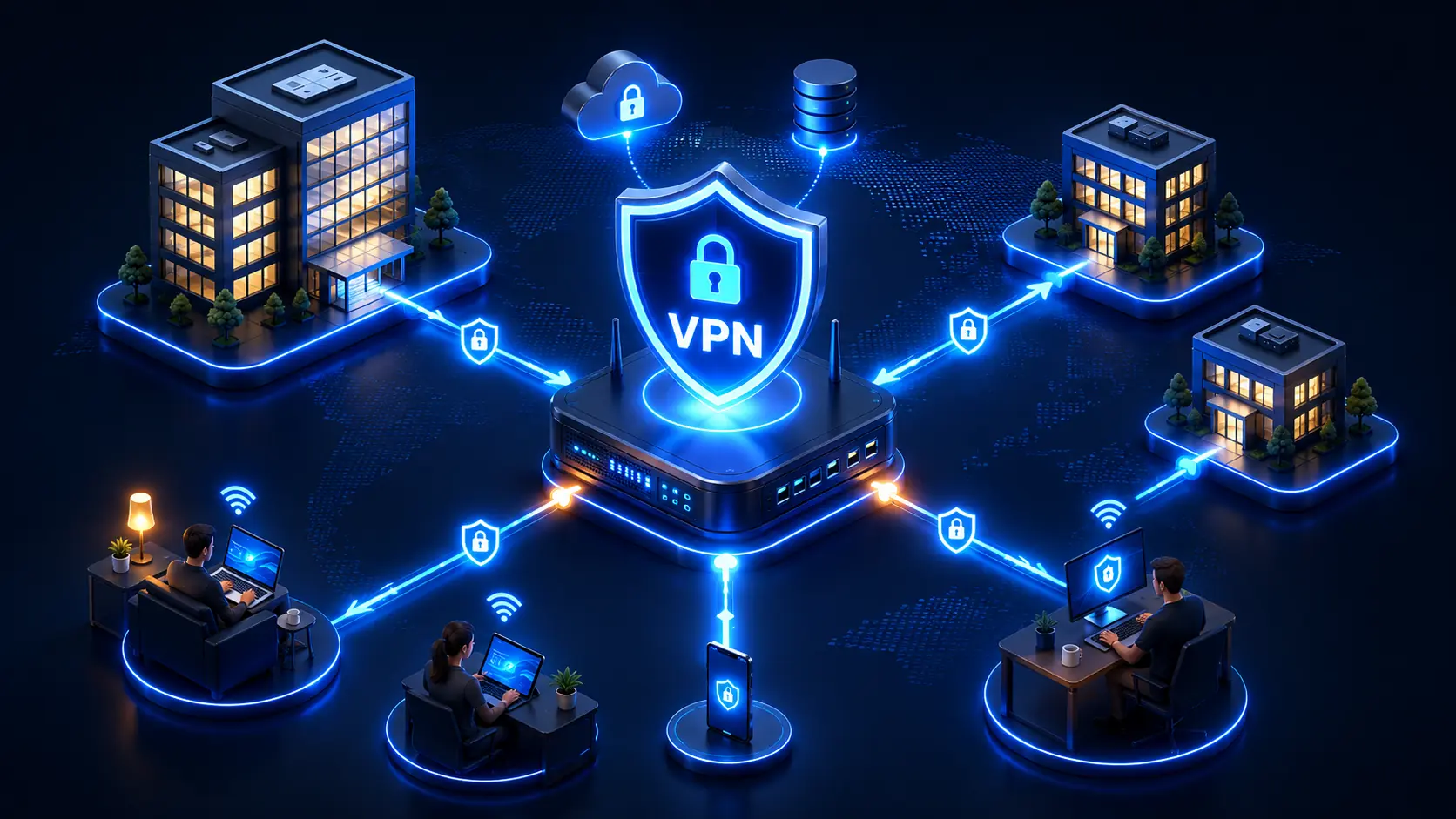 Ilustración de conexión VPN empresarial con oficinas, usuarios remotos y acceso seguro