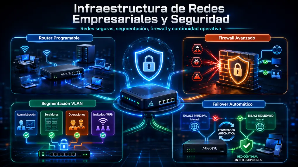 Red empresarial segura con router, WiFi, protección y conexión de respaldo