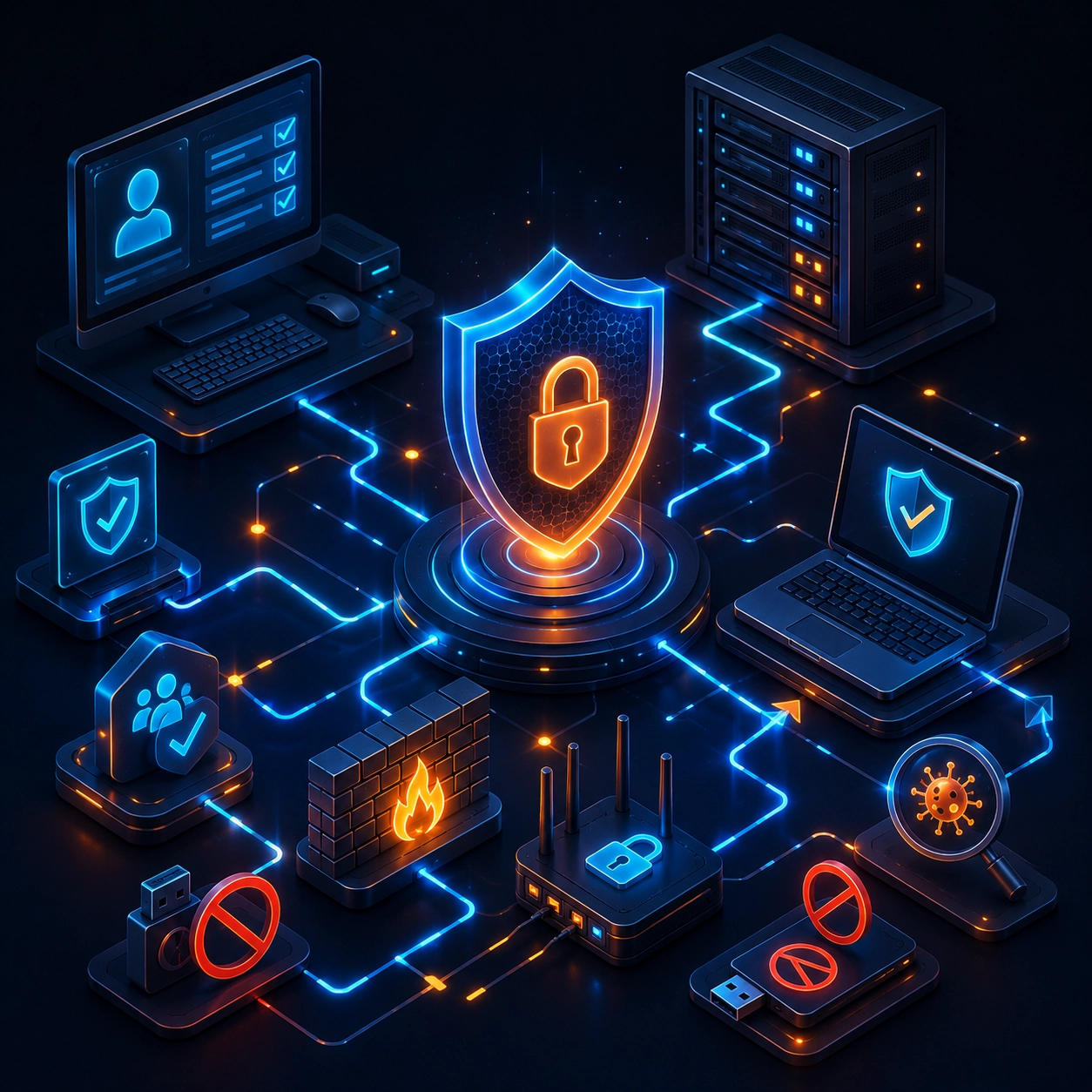 Ilustración de seguridad activa para proteger equipos y datos