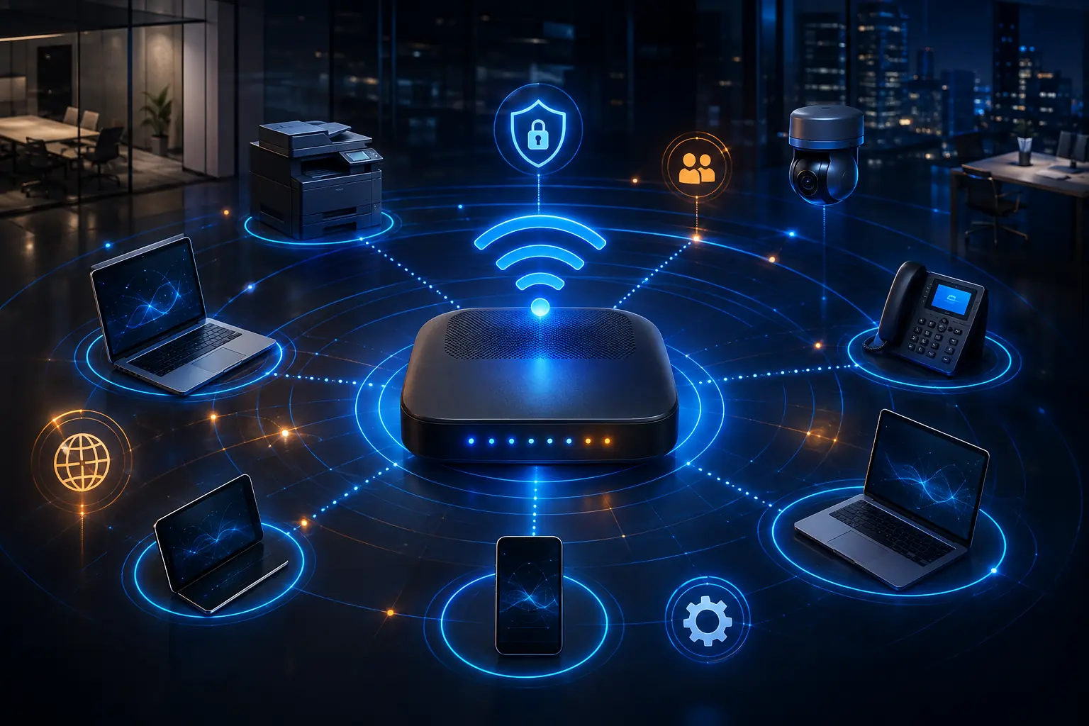 Red WiFi empresarial en Mendoza con punto de acceso, notebooks, teléfonos y dispositivos conectados